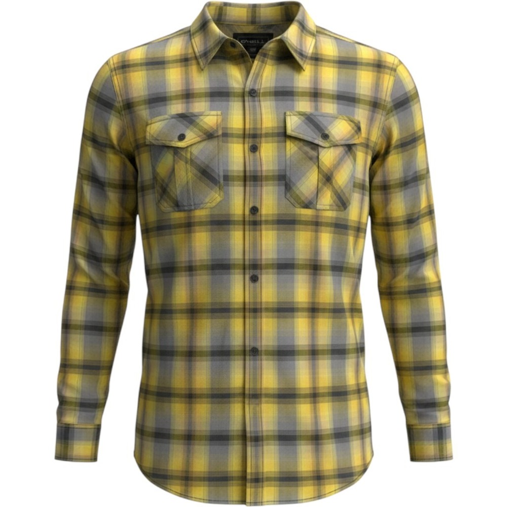 Y2K O'Neill Button Up Shirt Mens XL Yellow Grey Plaid Snap Pocket Long Sleeve